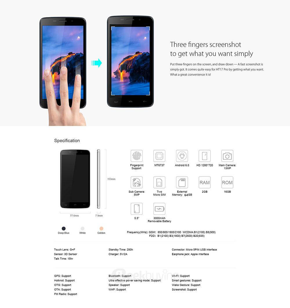 [HK Stock]HOMTOM HT17 Pro 5.5inch HD Android 6.0 4G LTE Smartphone MT6737 Quad Core 2GB RAM 16GB ROM 13.0MP Touch ID OTG Hotknot - White