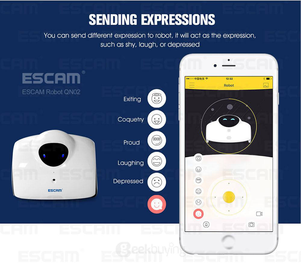 ESCAM Robot QN02 720P WiFi Mobile Camera Touch Interactive Move Laugh Automatically Charge Support Remote Video - White