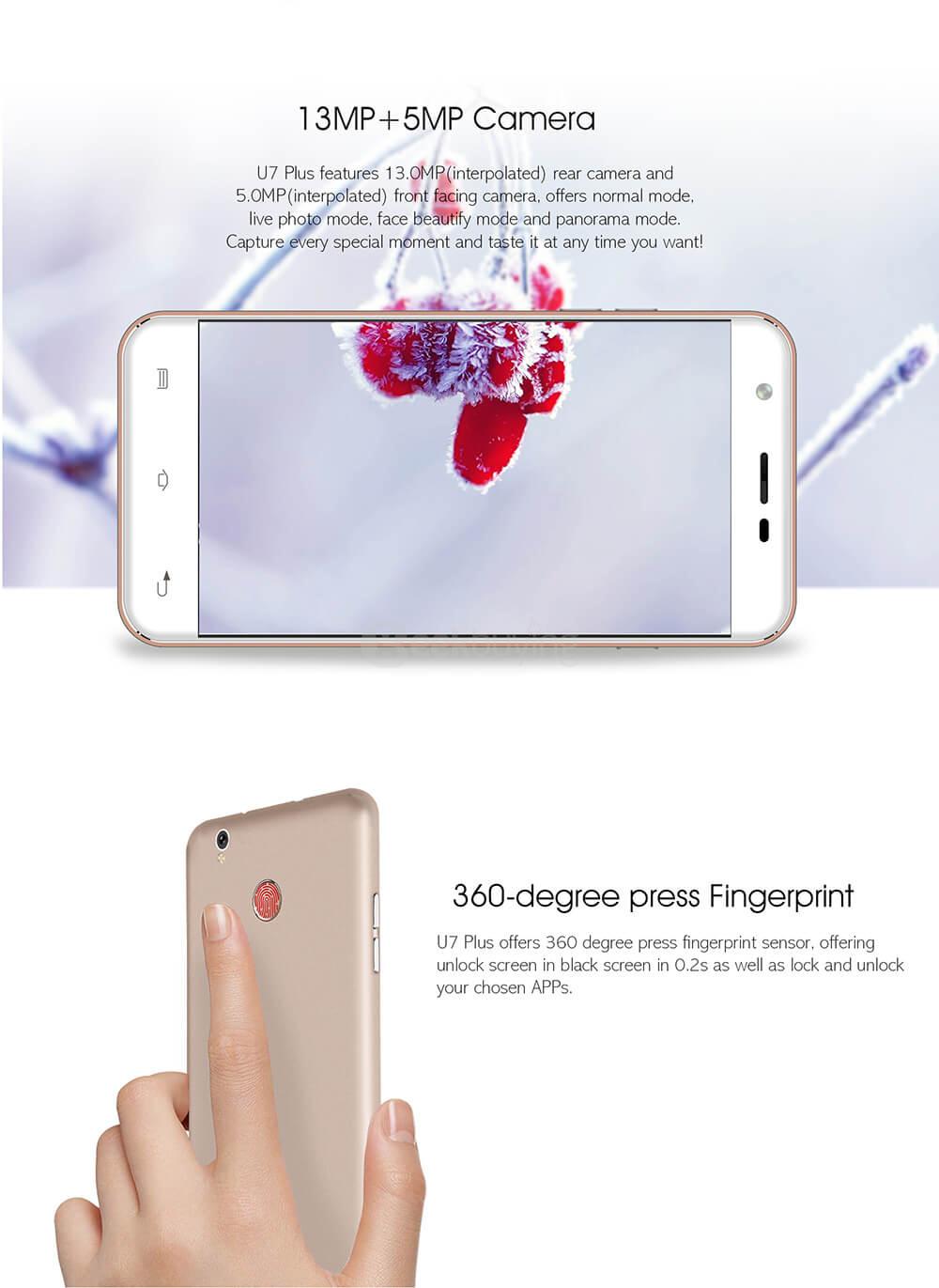 [HK Stock]OUKITEL U7 PLUS 5.5inch HD Android 6.0 4G LTE Smartphone MT6737 Quad Core 2GB RAM 16GB ROM 13.0MP Cameras Touch ID OTG - Gold
