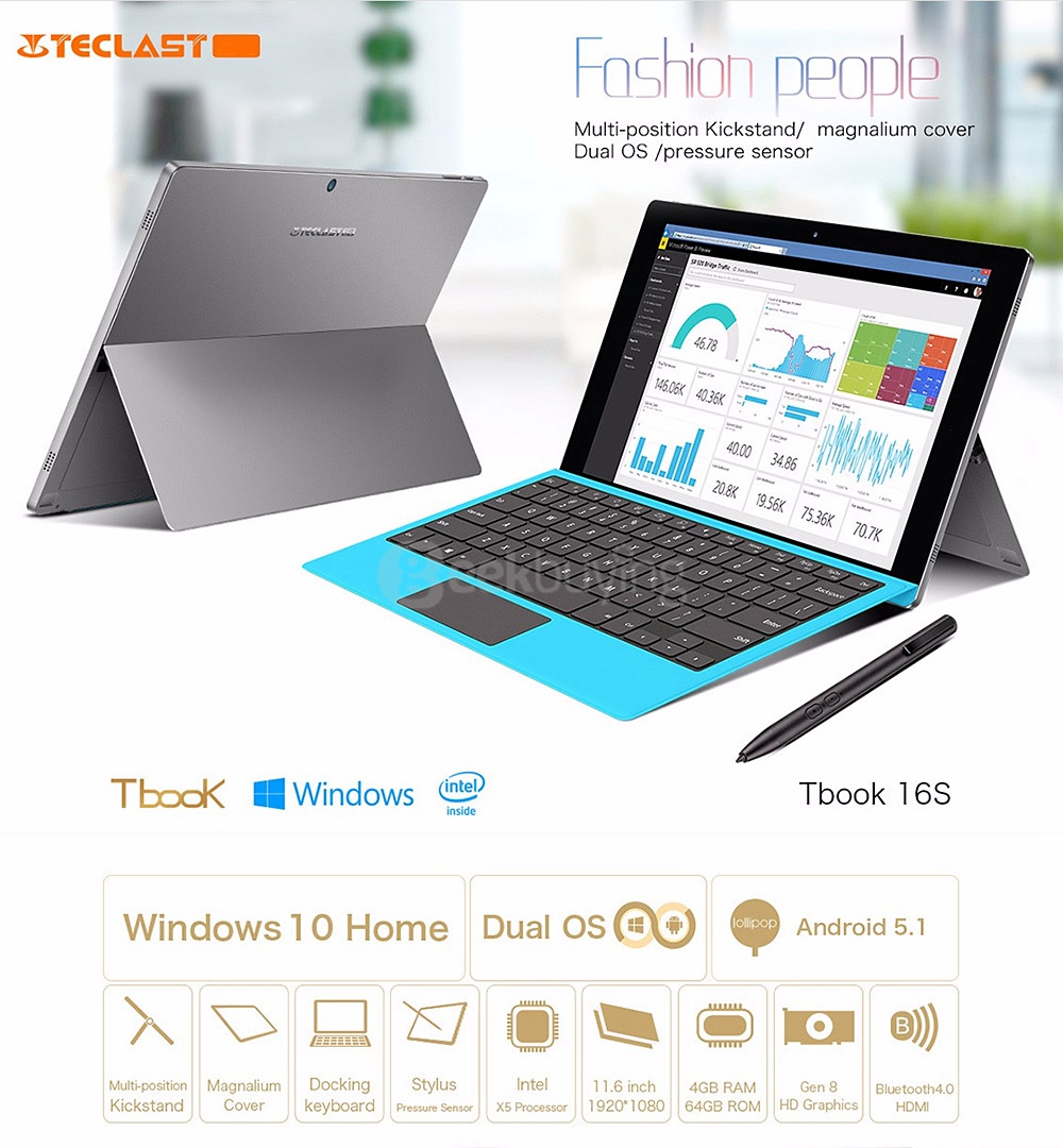 Teclast Tbook 16S 2in1 Tablet PC 11.6 inch Dual OS Windows 10 + Android 5.1 4GB/64GB Intel Cherry Trail X5 Z8300 Quad Core 1.84GHz IPS 1920*1080 - Gray