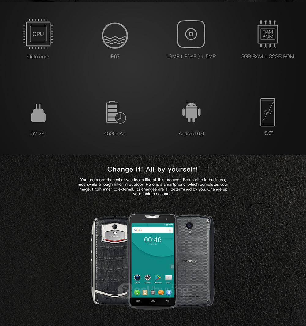 [HK Stock]Doogee T5 5.0inch HD IPS 4G LTE Android 6.0 Waterproof IP67 Rugged Smartphone MT6753 Octa Core 3GB 32GB 13.0MP 4500mAh OTG Hotknot - Black