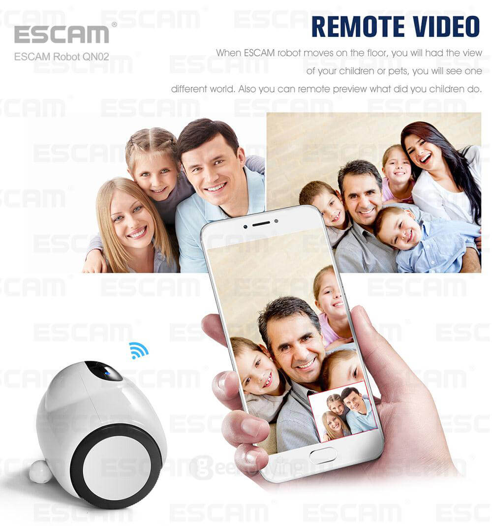 ESCAM Robot QN02 720P WiFi Mobile Camera Touch Interactive Move Laugh Automatically Charge Support Remote Video - White