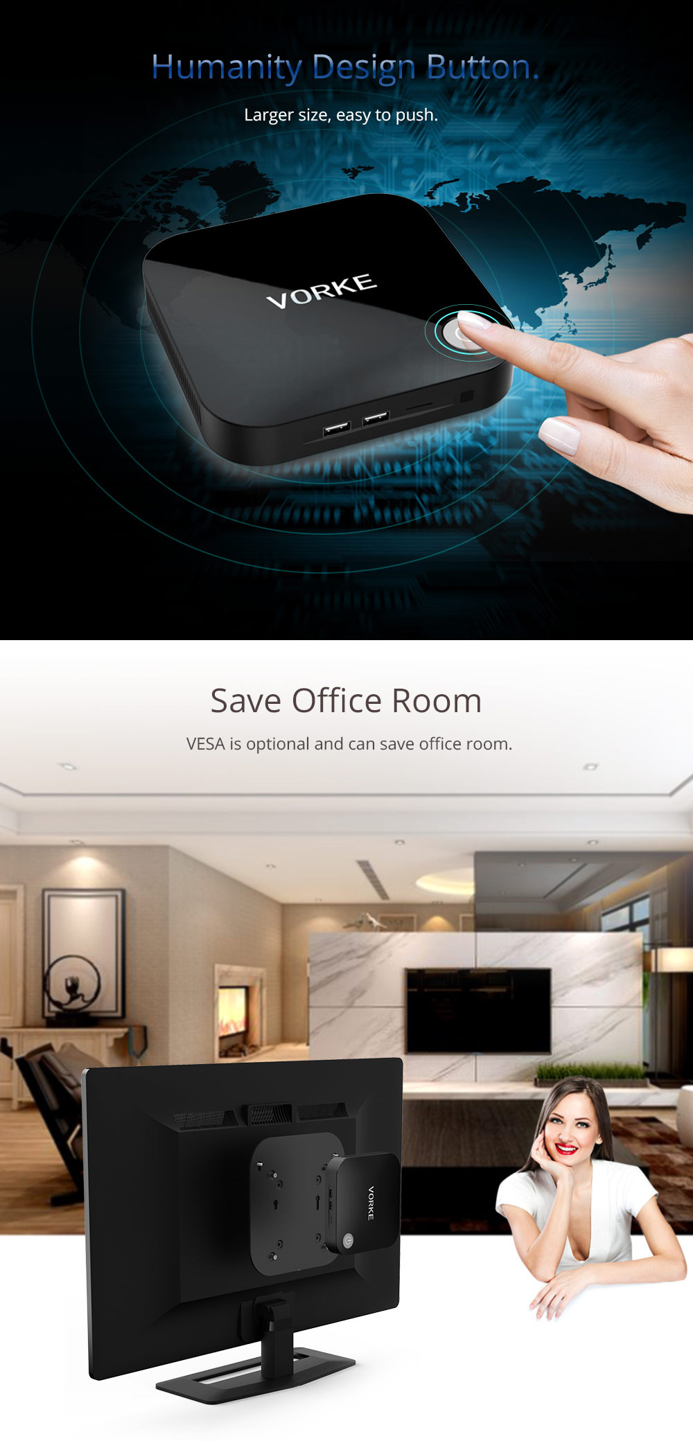 [Pack G] VORKE V1 Intel Braswell Celeron J3160 4G RAM 64G SSD Windows MINI PC with Mount Rack for Display
