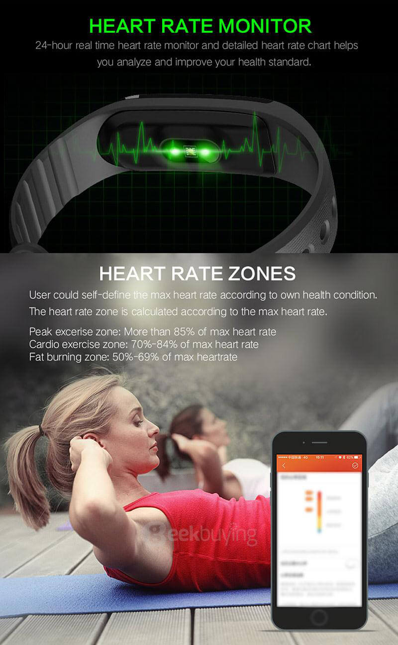 Makibes ID101 Smart Bracelet Bluetooth 4.0 Heart Rate Monitor Pedometer Sleep Tracker Call Reminder Remote Camera Anti-lost for Android iOS - Black