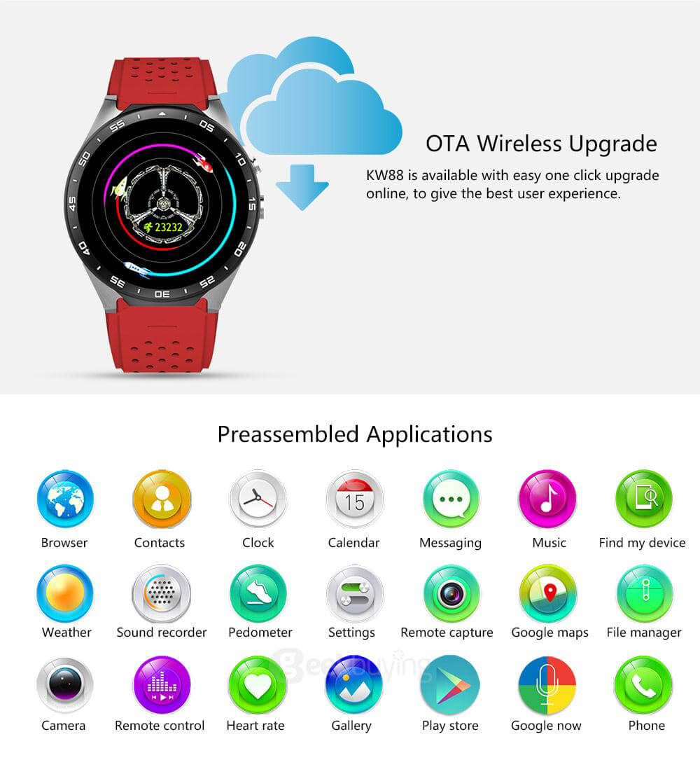 KingWear KW88 3G WiFi Smart Watch Phone Bluetooth 4.0 MTK6580 Heart Rate Monitor GPS Google Play Google Now 512MB RAM 4GB ROM 2.0MP Camera for Android iOS - White