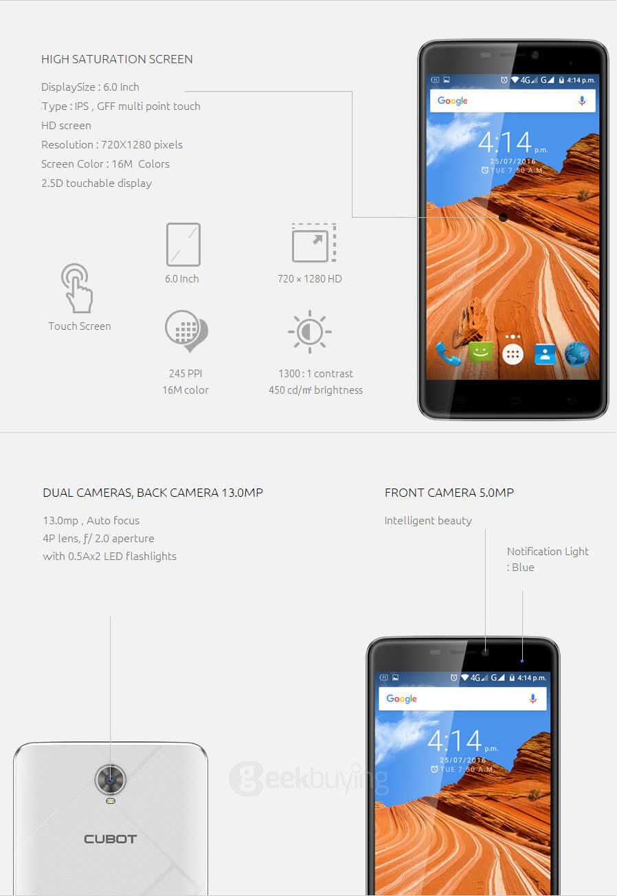 [HK Stock]CUBOT MAX 6.0inch HD Screen 4G LTE Android 6.0 Smartphone 64bit MTK6753A Octa Core 3GB RAM 32GB ROM 13.0MP 4100mAh OTG Hotknot - White