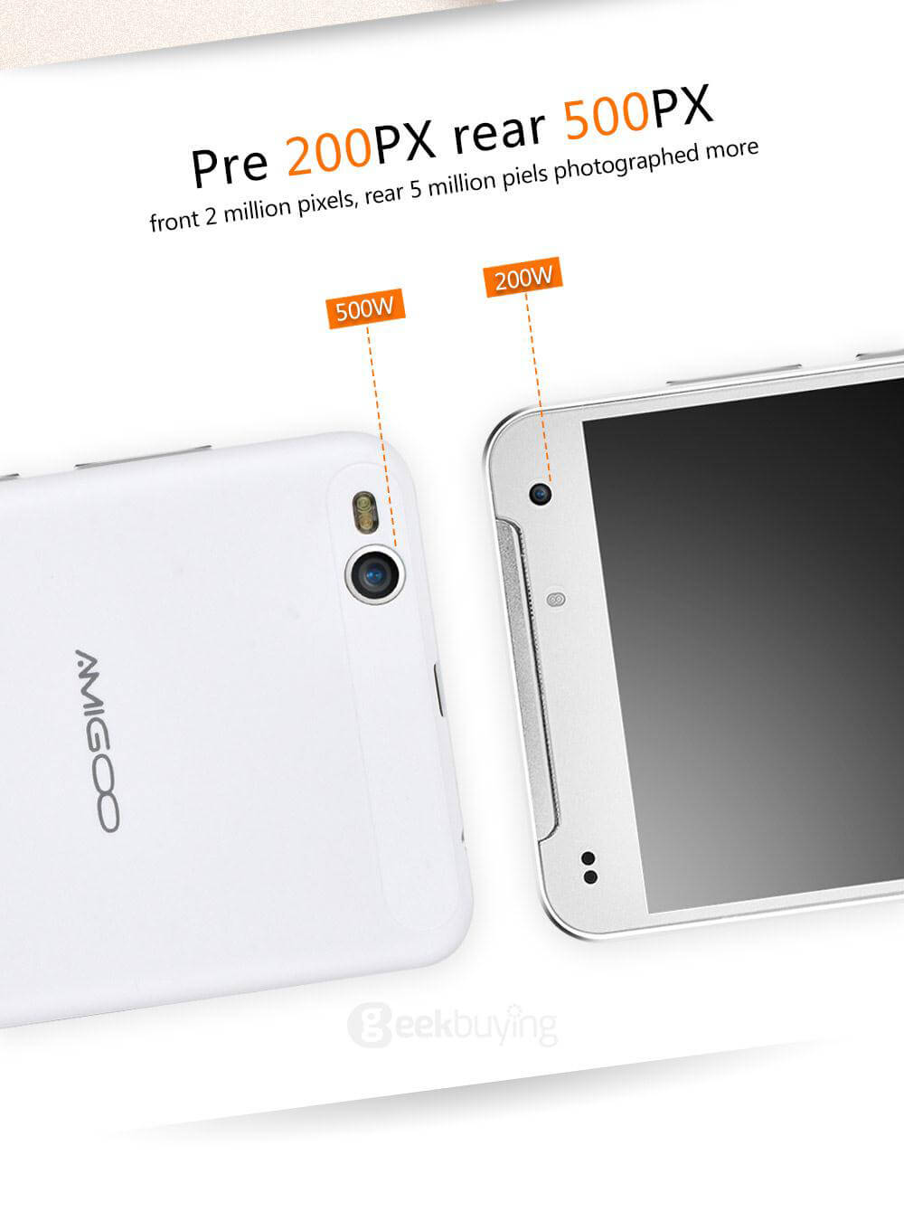 AMIGOO R300X 5.5 Inch QHD Screen 3G Android 5.1 Smartphone MT6580 Quad Core 512MB RAM 8GB ROM Dual Cameras 2800mAh WIFI GPS - White