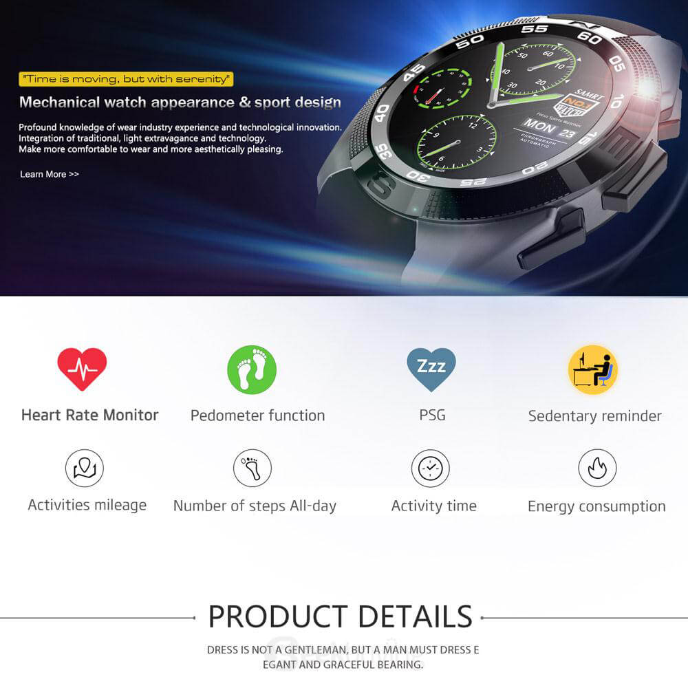 NO.1 G5 Smart Watch MTK2502 Heart Rate Monitor Fitness Tracker Call SMS Reminder Remote Camera Sapphire Crystal Dial for Android iOS - Silver