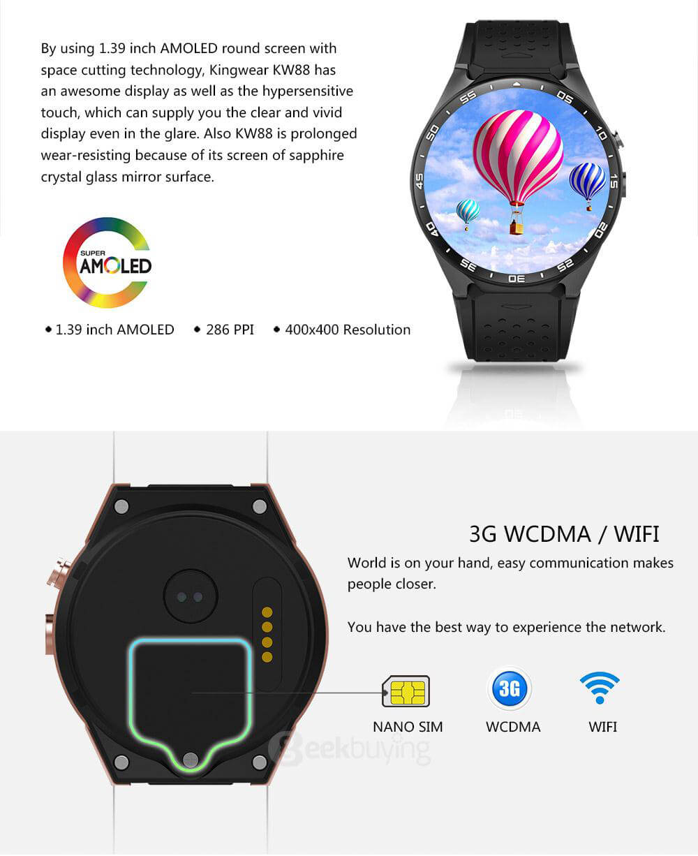 KingWear KW88 3G WiFi Smart Watch Phone Bluetooth 4.0 MTK6580 Heart Rate Monitor GPS Google Play Google Now 512MB RAM 4GB ROM 2.0MP Camera for Android iOS - Gold