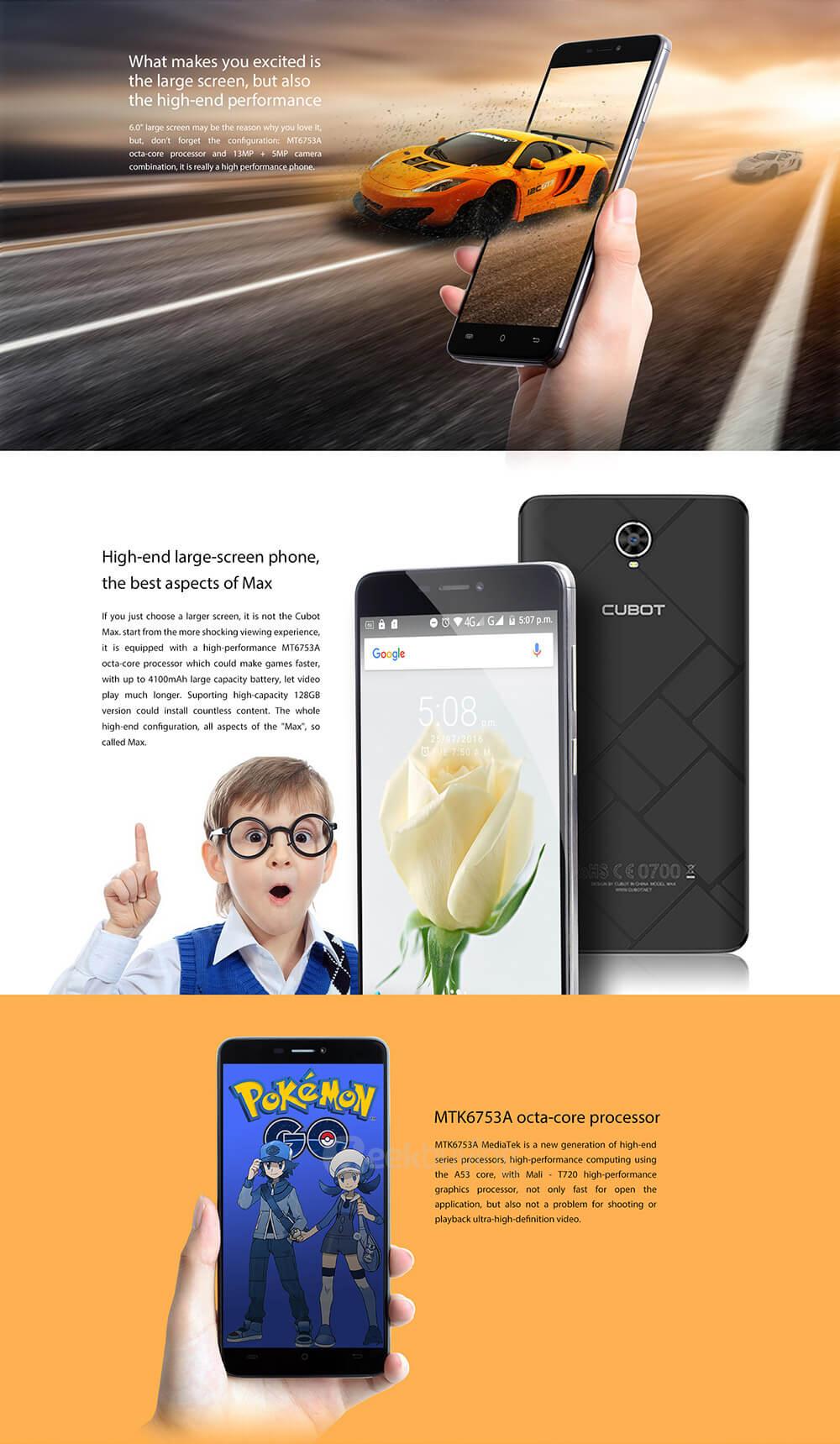 [HK Stock]CUBOT MAX 6.0inch HD Screen 4G LTE Android 6.0 Smartphone 64bit MTK6753A Octa Core 3GB RAM 32GB ROM 13.0MP 4100mAh OTG Hotknot - Black