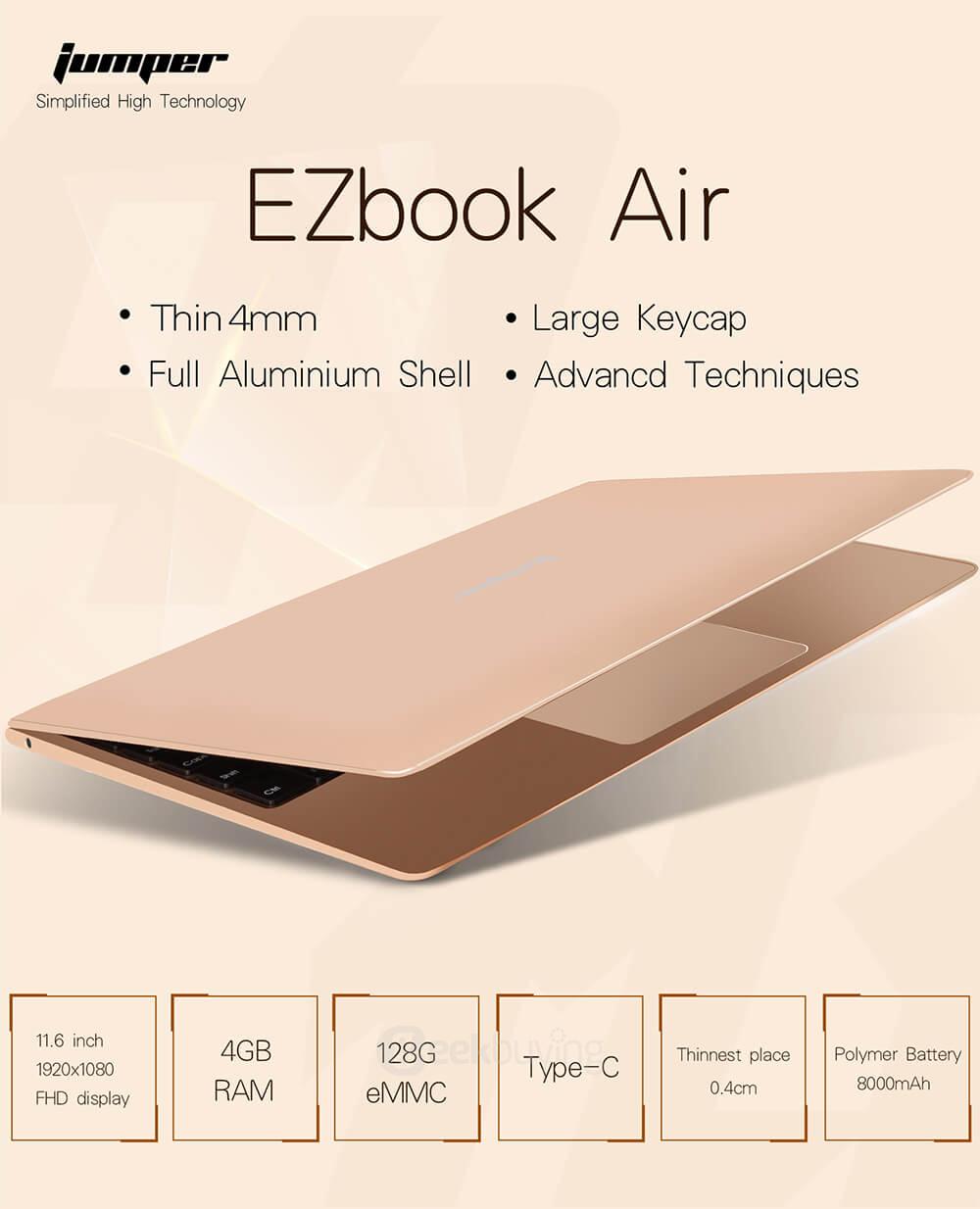 [Spain Stock]Jumper EZbook Air Laptop 11.6 inch Windows 10 4GB/128GB Intel Cherry Trail Z8350 Quad Core 1.92GHz FHD Screen 1920*1080 Type-C Dual WiFi - Gold