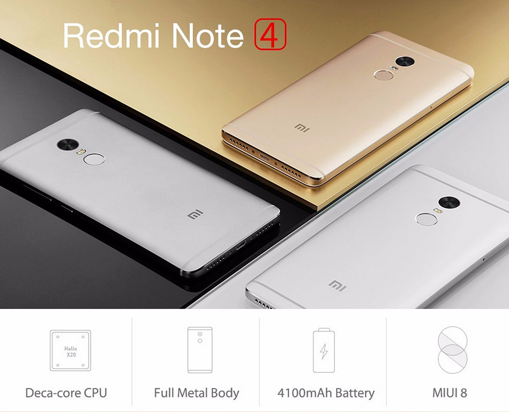 [HK Stock]Xiaomi Redmi Note 4 5.5inch FHD 2.5D Arc Screen MIUI 8 4G LTE Smartphone Helio X20 MT6797 Deca Core 3GB RAM 32GB ROM 13.0MP Touch ID 4100mAh Metal Body - Gold