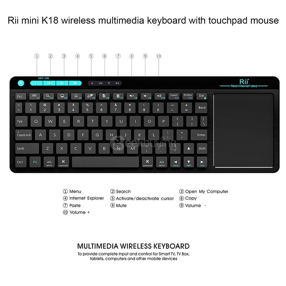 Rii K18 2.4G Wireless Multimedia Mini Keyboard with Large Size Touchpad Air Mouse for PC, Android Box, Google Smart TV - Black