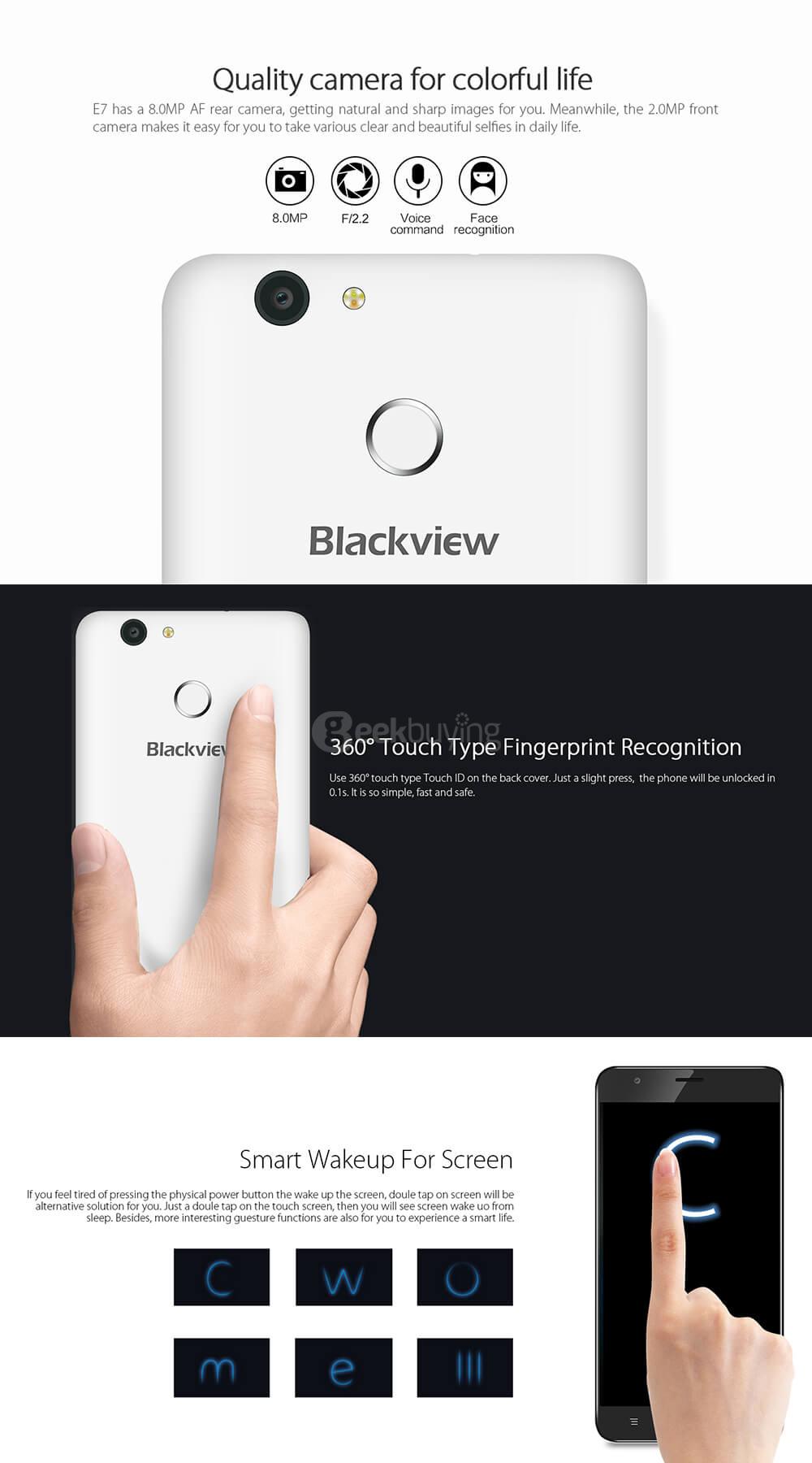 [HK Stock]BLACKVIEW E7 5.5inch HD Arc Screen Android 6.0 4G LTE Smartphone MT6737 Quad Core 1GB RAM 16GB ROM 2.0MP 8.0MP Touch ID - Dark gray