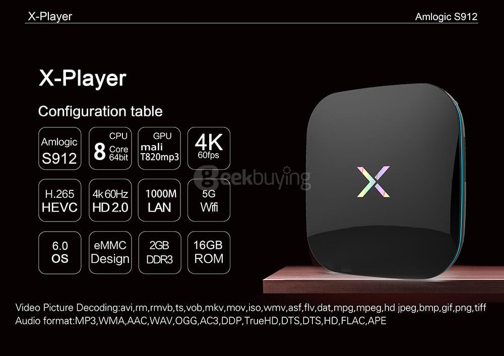 X-Player Android 6.0 Amlogic S912 2G/16G TV BOX 2.4G+5G Dual Band WIFI Gigabit LAN Bluetooth KODI LED Display