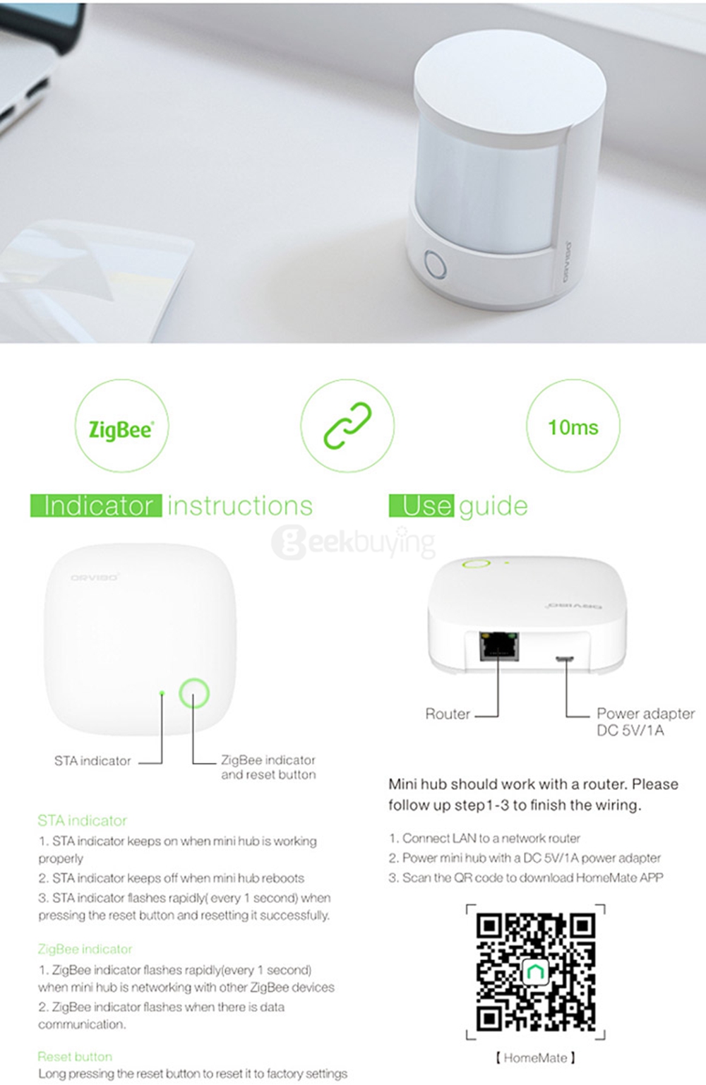 ORVIBO VS10ZW ZigBee Mini Smart Hub Intelligent Gateway + 2 PCS Windows Door Sensors + PIR Motion Sensor - EU Plug