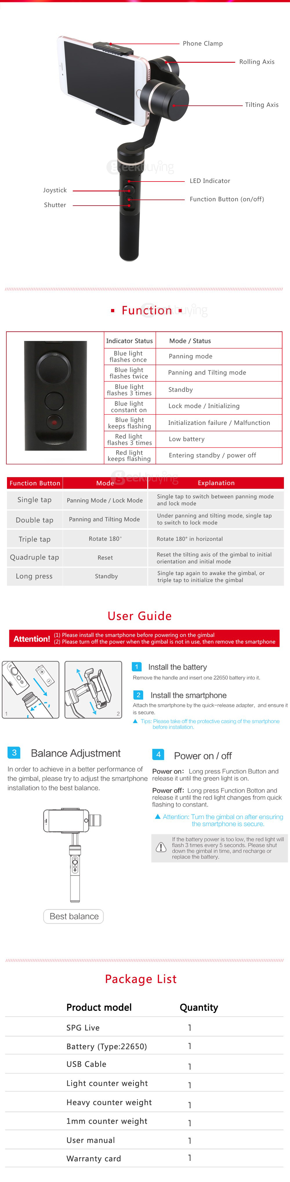 Feiyu Tech FY-SPG Live 3-Axis Handheld Steady Gimbal for 4-5.5 Inches Smartphones Iphone 6s+ 6s Samsung Xiaomi