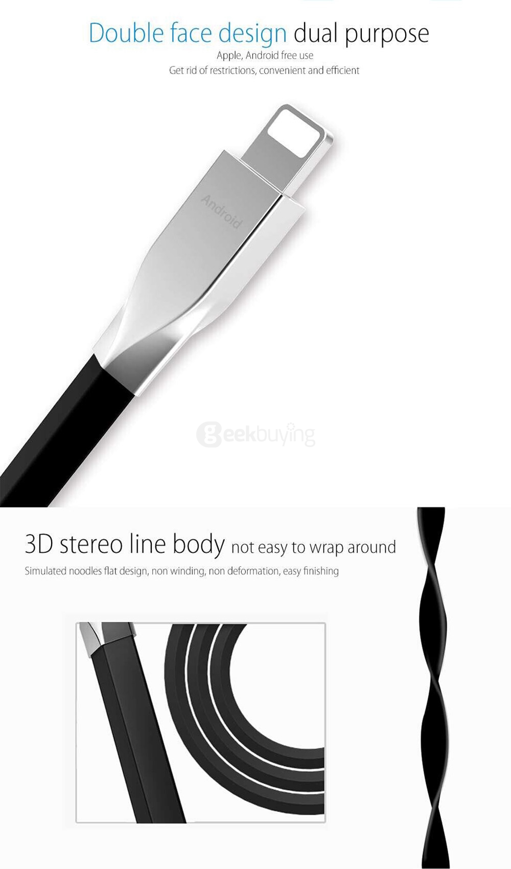 POFAN RT-C1 2-in-1 8Pin & Micro USB Combo 2.1A Phone Data Charging Cable 1.2M Support Android iOS - Black