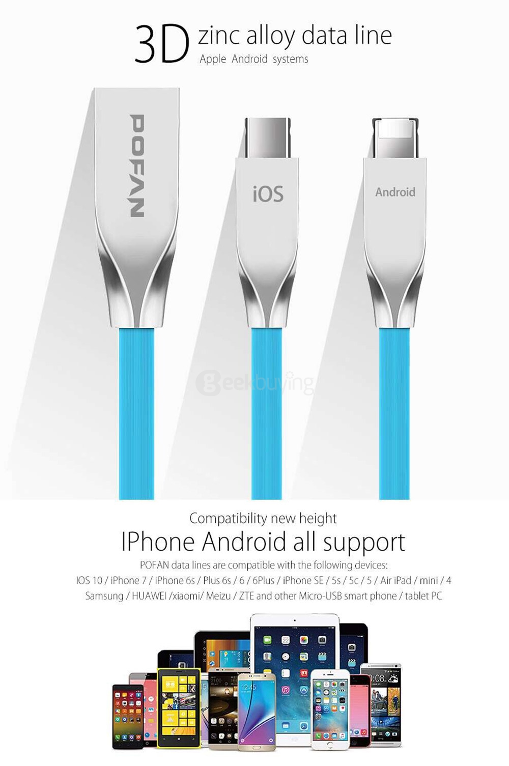 POFAN RT-C1 2-in-1 8Pin & Micro USB Combo 2.1A Phone Data Charging Cable 1.2M Support Android iOS - Black