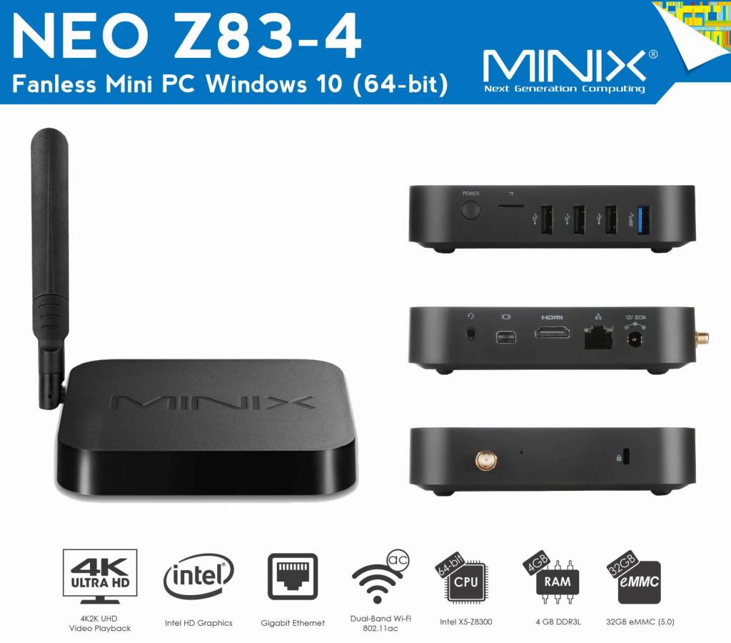 MINIX NEO Z83-4 Fanless MINI PC Cherry Trail Z8300 Windows 10 Licensed 64bit 4GB RAM 32GB ROM 802.11ac WIFI Gigabit LAN Bluetooth 4.2 MiniDP HDMI