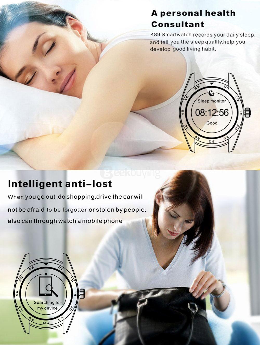 K89 Bluetooth 4.0 Smart Watch MTK2502C Heart Rate Monitor Pedometer Sleep Tracker Infomation Push for Android iOS (Metal Strap) - Black