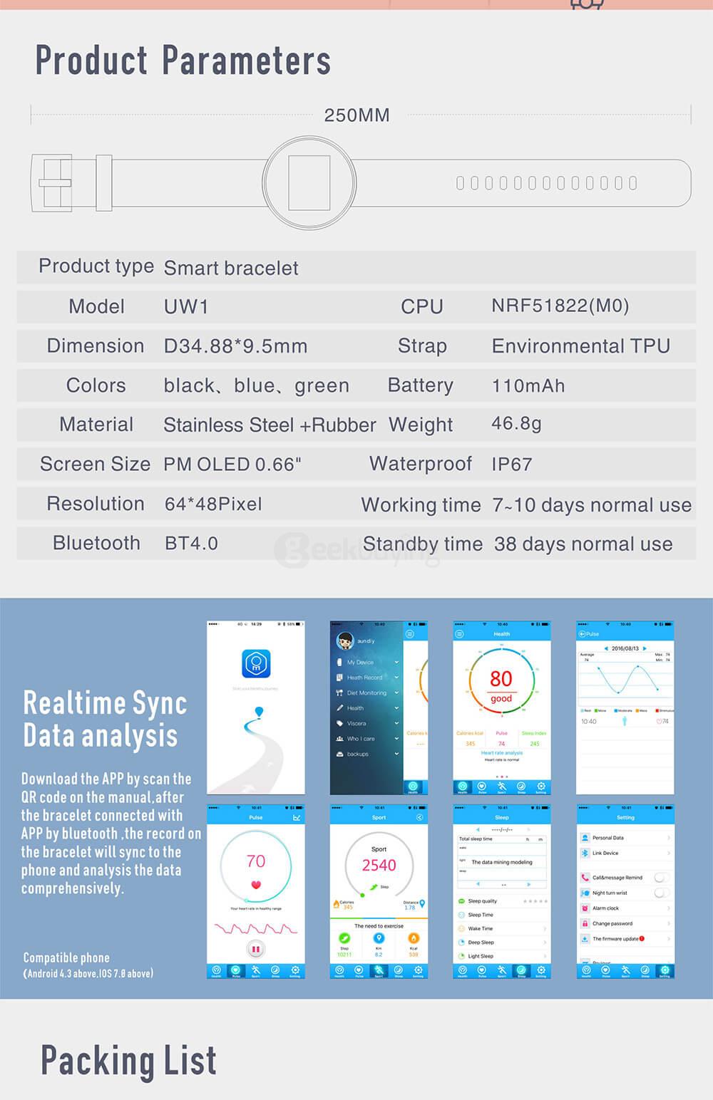 Makibes UW1 Bluetooth 4.0 Smart Bracelet Heart Rate Monitor Sleep Fitness Tracker Call Reminder IP67 Waterproof for Android iOS - Green