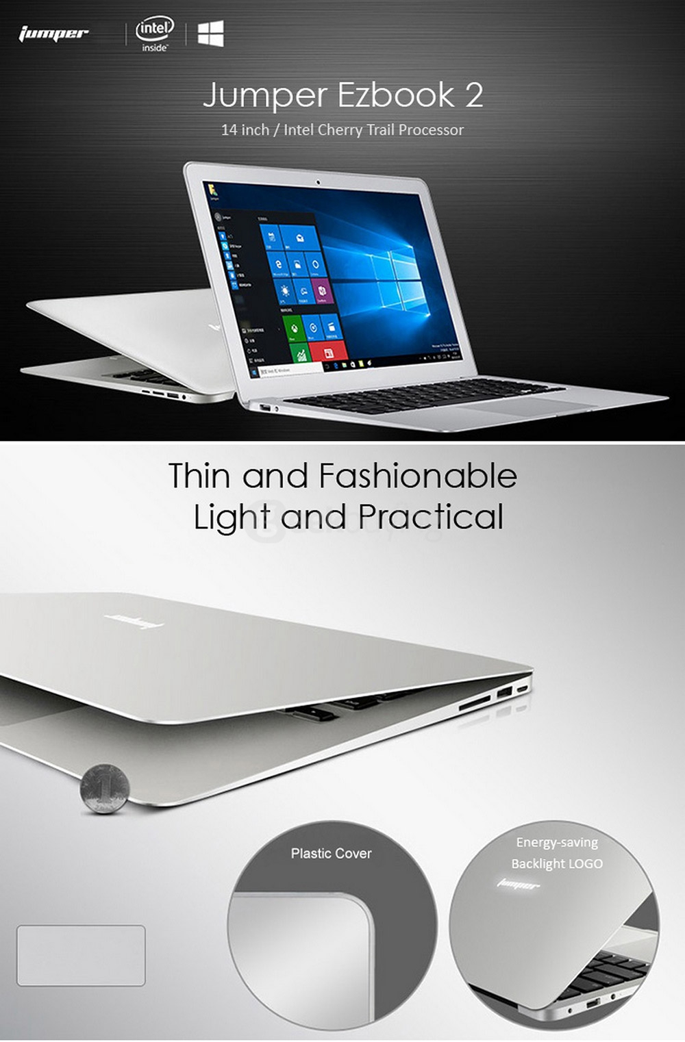 [Spain Stock]Jumper EZbook 2 Ultrabook Laptop Intel Cherry Trail Z8350 14.1 inch Windows 10 Home 4GB/64GB Quad Core 1.92GHz LED Screen 1920*1080 - Silver