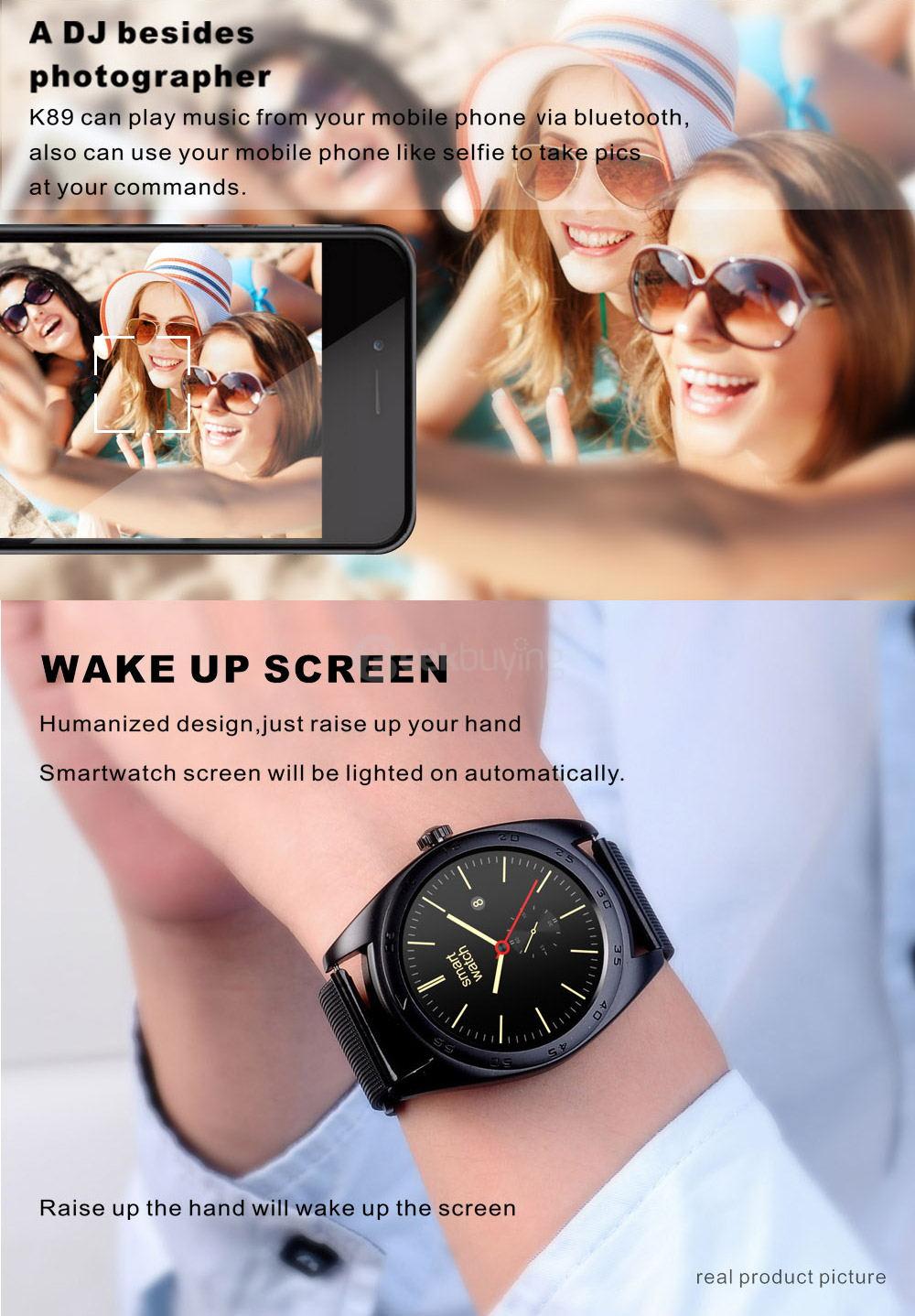 K89 Bluetooth 4.0 Smart Watch MTK2502C Heart Rate Monitor Pedometer Sleep Tracker Infomation Push for Android iOS (Metal Strap) - Black