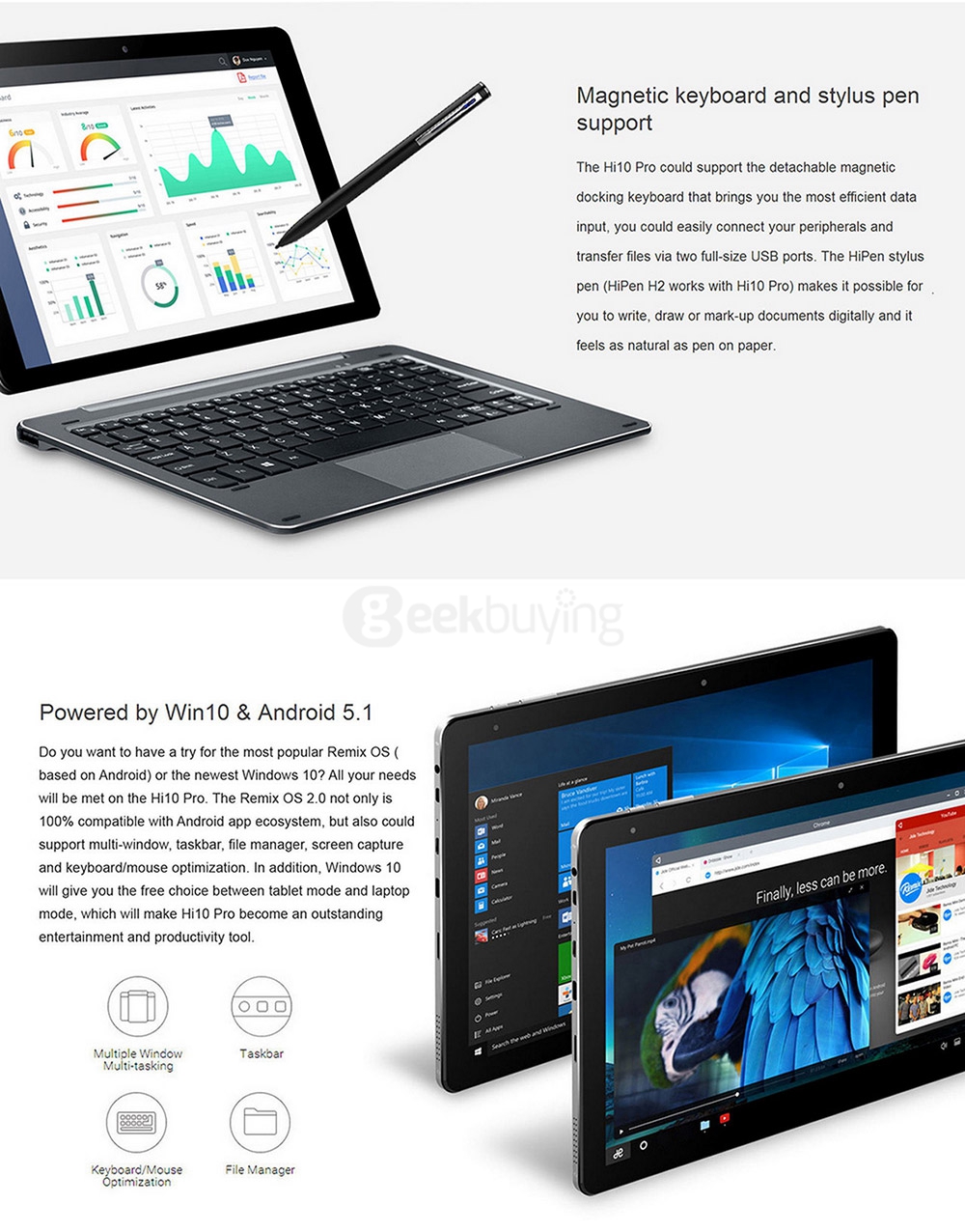 [Spain Stock] CHUWI Hi10 Pro 2in1 Tablet PC 10.1 inch Dual OS Windows 10 + Remix OS 4GB/64GB Intel Cherry Trail X5 Z8300 Quad Core 1.84GHz IPS 1920*1200 Type-C - Gray