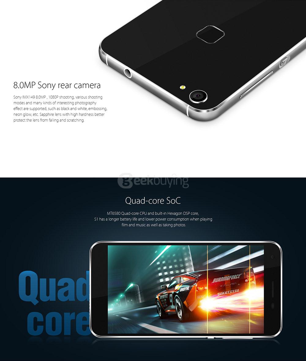 Elephone S1 5.0inch HD Android 6.0 3G Smartphone MT6580 1.3GHz Quad Core 1GB RAM 8GB ROM 8.0MP TOUCH ID Doubled-sided Glass - Black