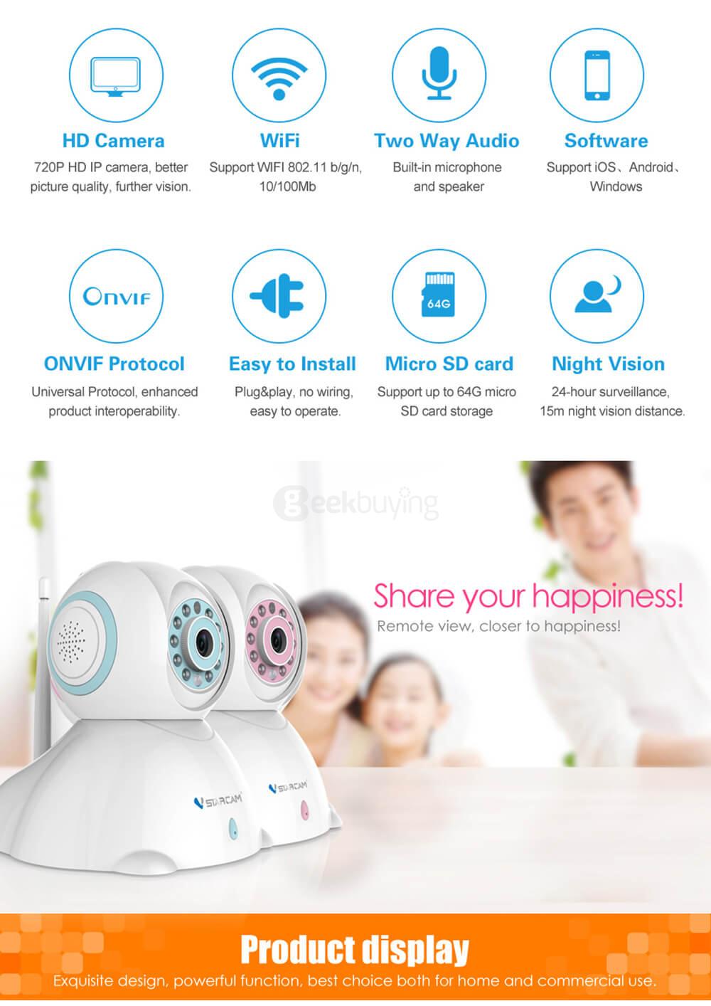 Vstarcam C7842WIP 720P HD WiFi IP Camera H.264 video compression 1.0 Megapixel - White + Blue