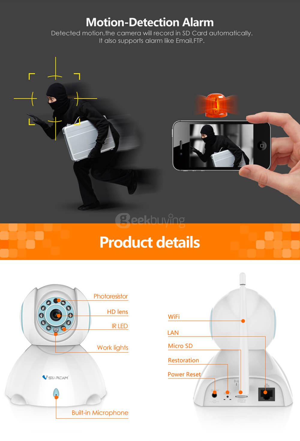 Vstarcam C7842WIP 720P HD WiFi IP Camera H.264 video compression 1.0 Megapixel - White + Blue