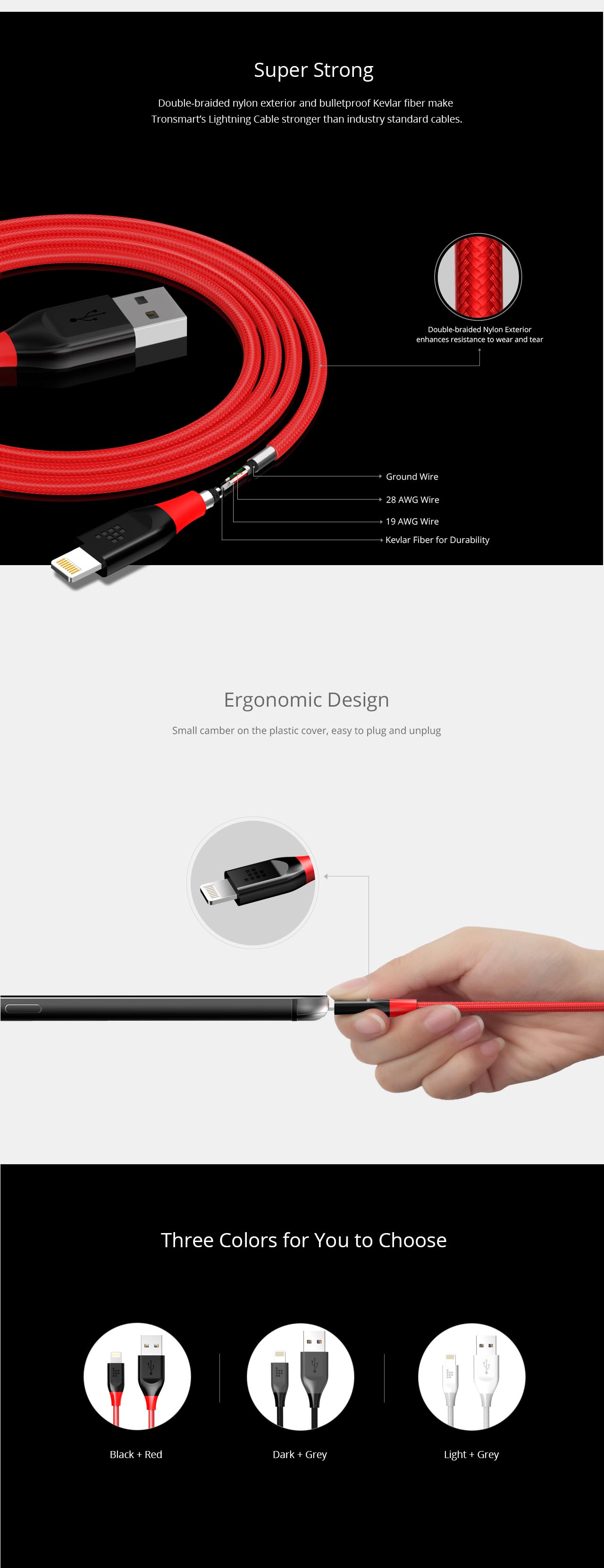 Tronsmart 6ft/1.8M Double Braided Lightning Cable for iPhone 5/5S/5SE/6/6S/6S Plus/7/7Plus - Red+Black