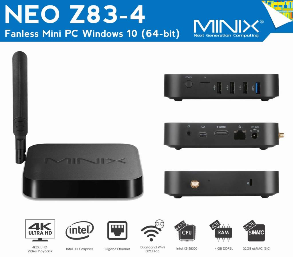 MINIX NEO Z83-4 Fanless MINI PC Cherry Trail Z8300 Windows 10 Licensed 64bit 4GB RAM 32GB ROM 802.11ac WIFI Gigabit LAN Bluetooth 4.2 with Rii i8+ Hebrew Keyboard White