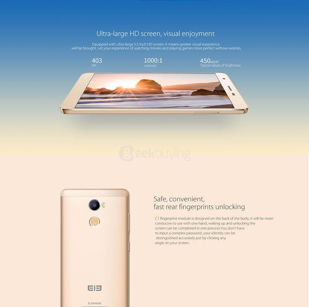 [HK Stock]Elephone C1 5.5inch HD 4G LTE Android 6.0 Smartphone MT6737 Quad Core 1.3GHz 2GB RAM 16GB ROM 13.0MP Touch-ID OTG Metal Body - Gold