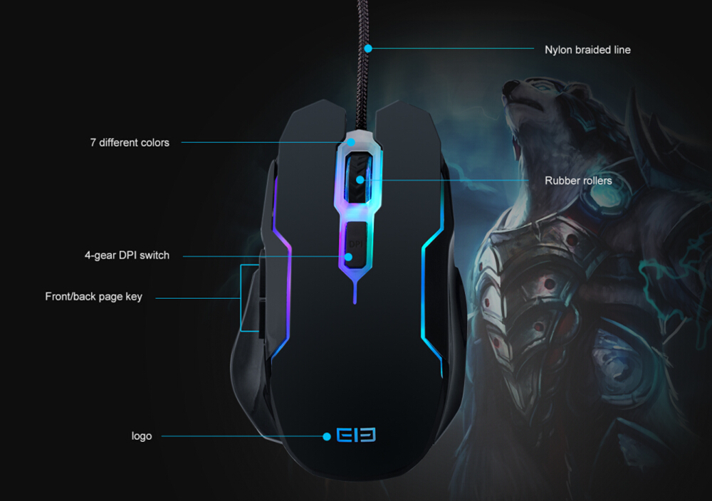 ELE EleEnter Professional USB Wired Gaming Mouse 2400 DPI Ergonomic Design with Colorful Breathing Light - Black