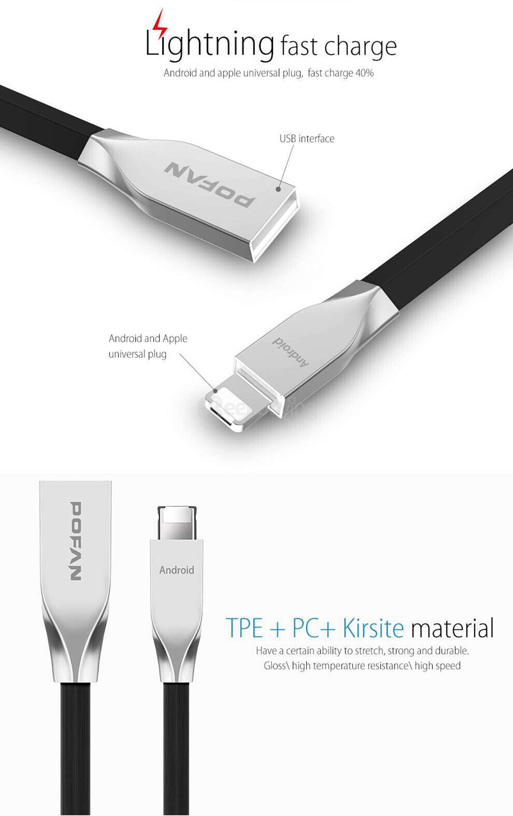 POFAN RT-C1 2-in-1 8Pin & Micro USB Combo 2.1A Phone Data Charging Cable 1.2M Support Android iOS - Black