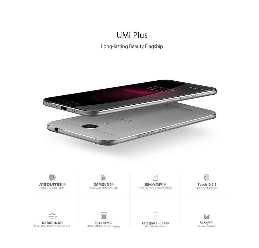 [HK Stock]UMI PLUS 5.5inch FHD 2.5D Screen 4G LTE Android 6.0 Smartphone MT6755 Helio P10 Octa Core 4GB 32GB 13.0MP 4000mAh Fast Charge Touch ID Type-C - Gold