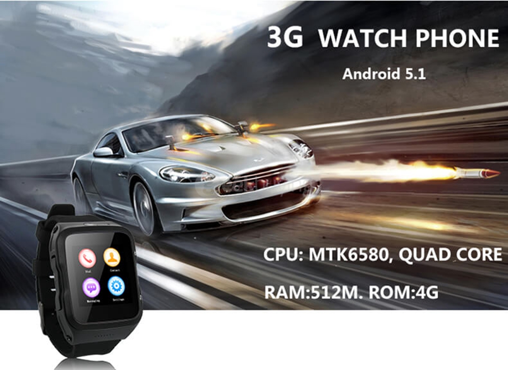 ZGPAX S83 3G Smart Watch Phone Android 5.1 MTK6580 Quad Core 1.3GHz 512MB/8GB 5.0MP Camera WiFi Bluetooth 4.0 GPS - Black