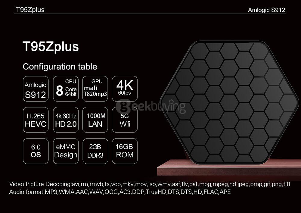 T95Z Plus Amlogic S912 Android 6.0 2G/16G TV BOX 2.4G+5G Dual Band WIFI Gigabit LAN Bluetooth KODI LED Display