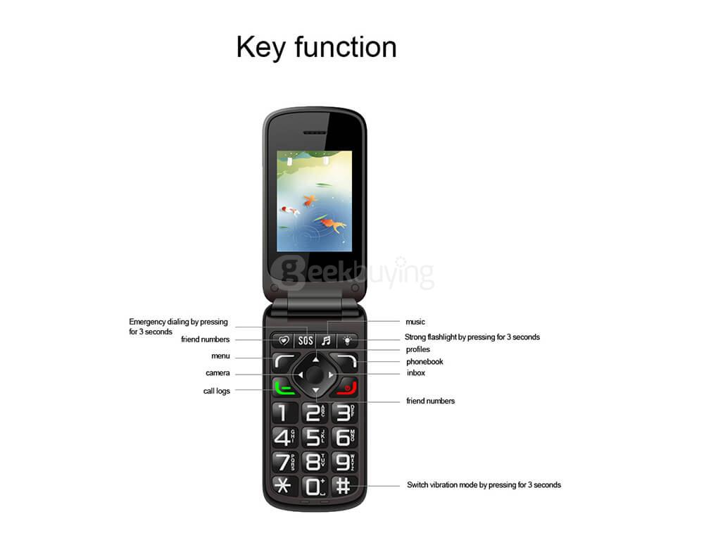VKworld Diamond Z2 2.4inch TFT Color Display Screen Flip Cover Cellphone Elder People Mobile Phone Big Key Flash Light - Red