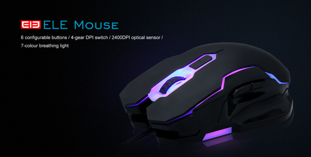 ELE EleEnter Professional USB Wired Gaming Mouse 2400 DPI Ergonomic Design with Colorful Breathing Light - Black