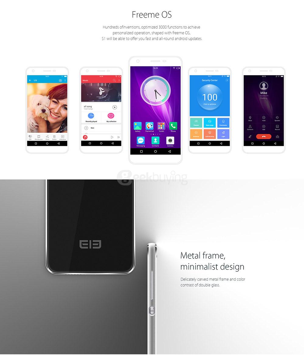 Elephone S1 5.0inch HD Android 6.0 3G Smartphone MT6580 1.3GHz Quad Core 1GB RAM 8GB ROM 8.0MP TOUCH ID Doubled-sided Glass - Black