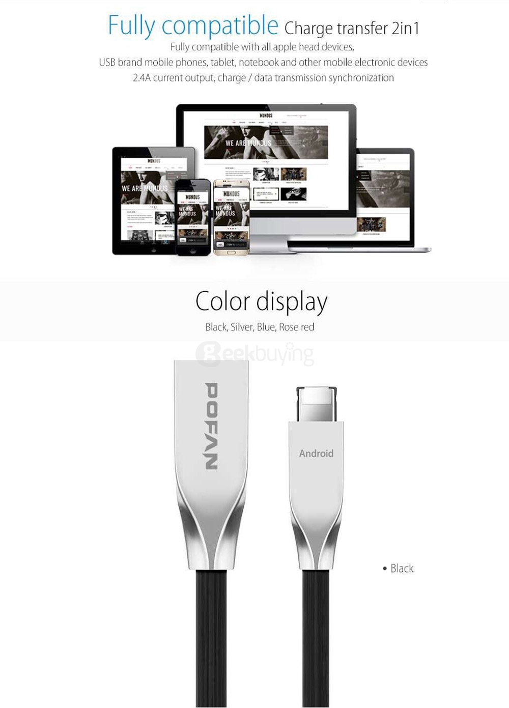 POFAN RT-C1 2-in-1 8Pin & Micro USB Combo 2.1A Phone Data Charging Cable 1.2M Support Android iOS - Black