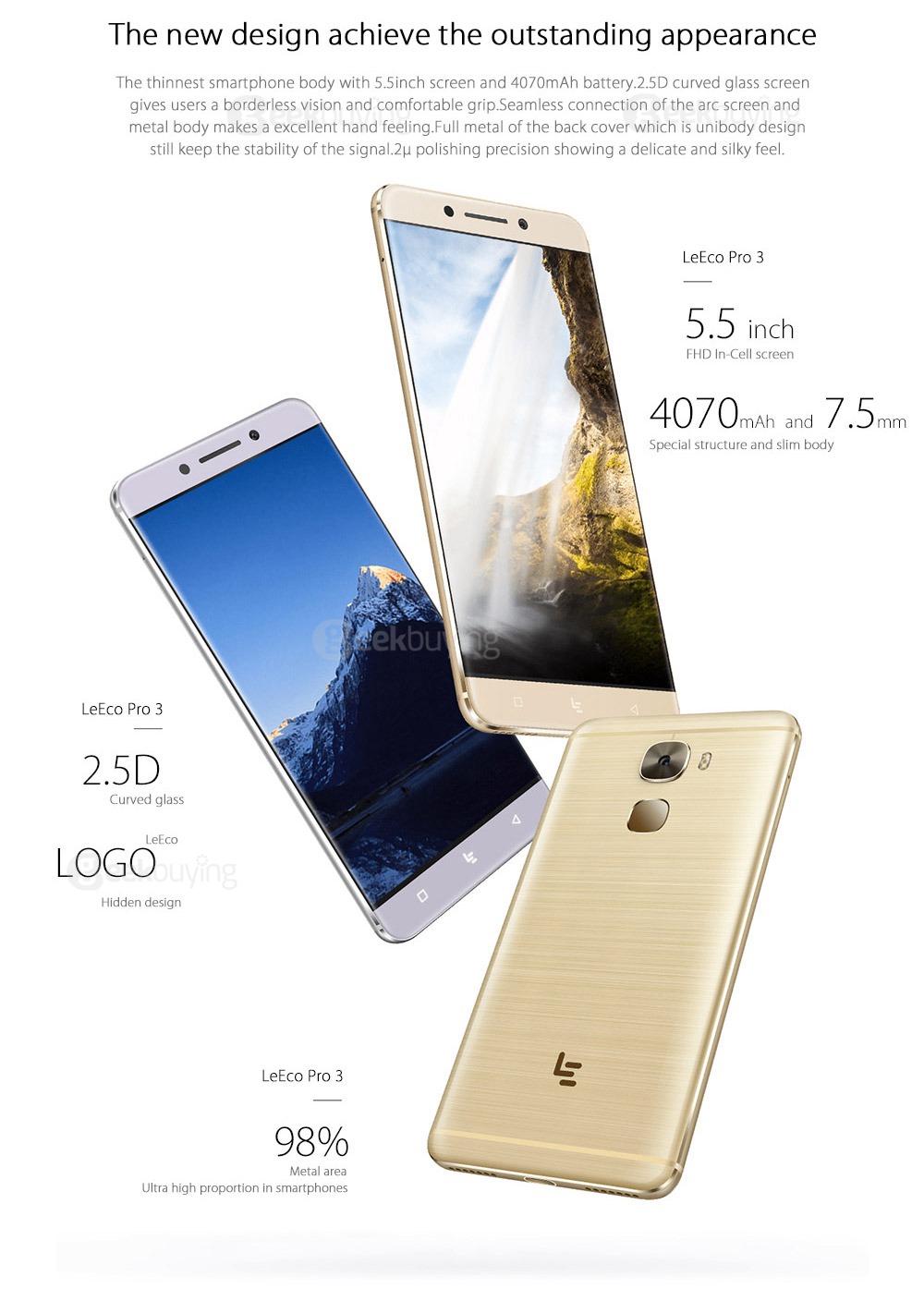 LeTV LeEco Le Pro3/X720 4GB RAM 32GB ROM 5.5inch FHD Android 6.0 Smartphone Qualcomm Snapdragon 821 Quad Core 8.0MP 16.0MP NFC Touch ID VoLTE - Gold