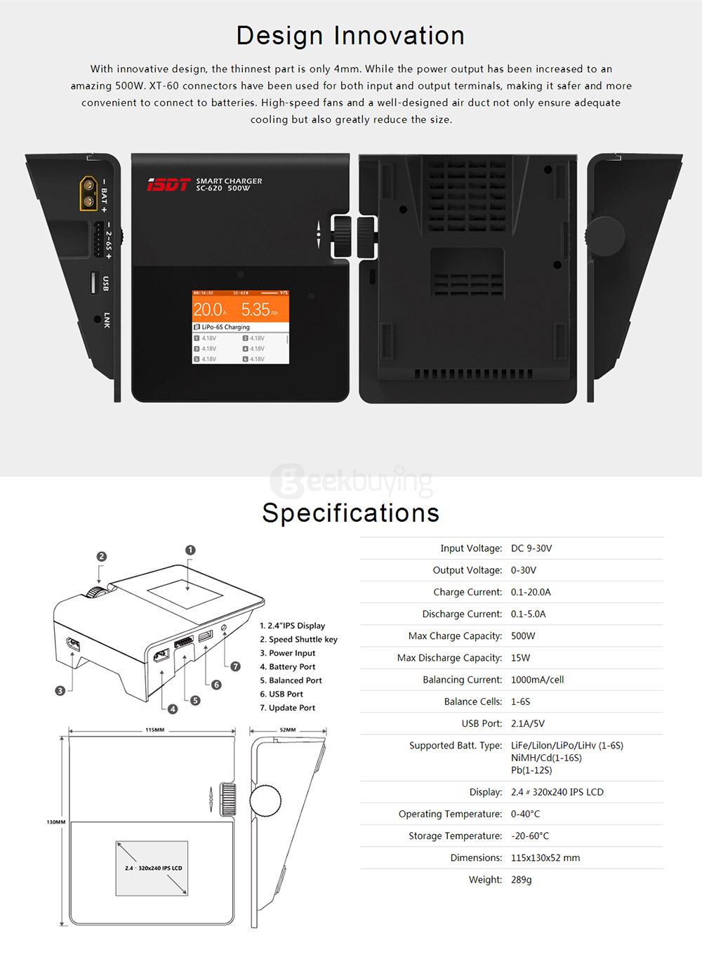 ISDT SC-620 500W 20A 2.4 Inches LCD ARM 32bit CPU Battery Smart Balance Charger