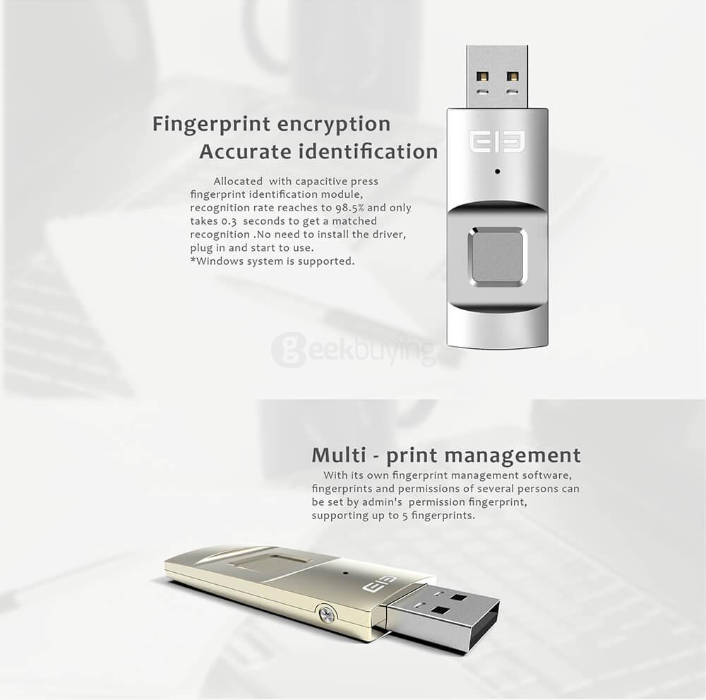 [HK Stock] Elephone ELE Secret 64GB Fingerprint Encryption USB 2.0 Flash Drive Waterproof Metal U Disk - Silver