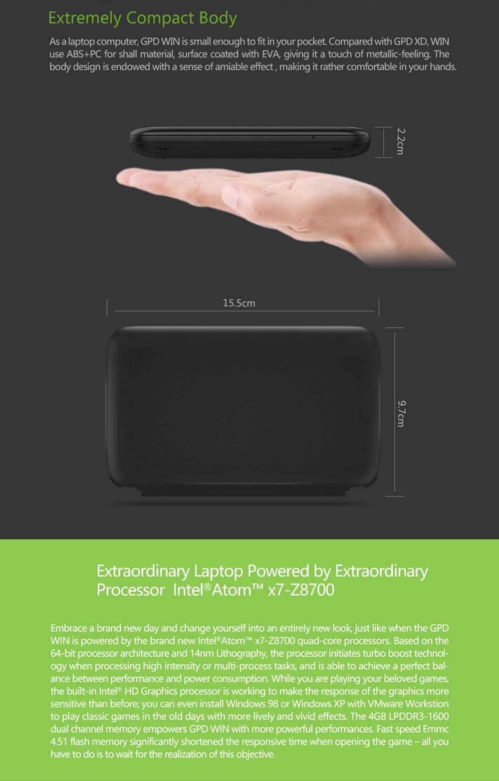 GPD Win 5.5 inch Gamepad Tablet PC Intel Atom X7 Z8700 Windows 10 OS 4GB/64GB Game Console Quad Core 2.4GHz Gorilla Glass Touch Screen 1280*720 Type-C - Black