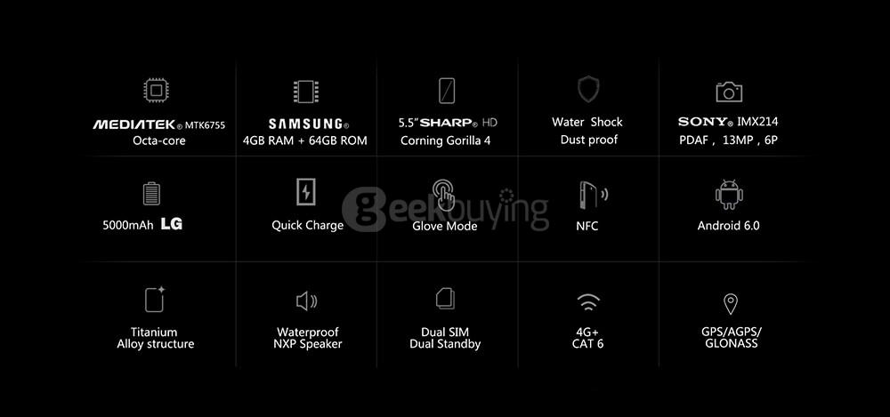 [HK Stock]NOMU S30 IP68 Waterproof 5.5inch FHD Android 6.0 4G LTE Rugged Phone MT6755 Octa-core 2.0GHz 4GB 64GB 16.0MP 5000mAh Battery NFC OTG - Black