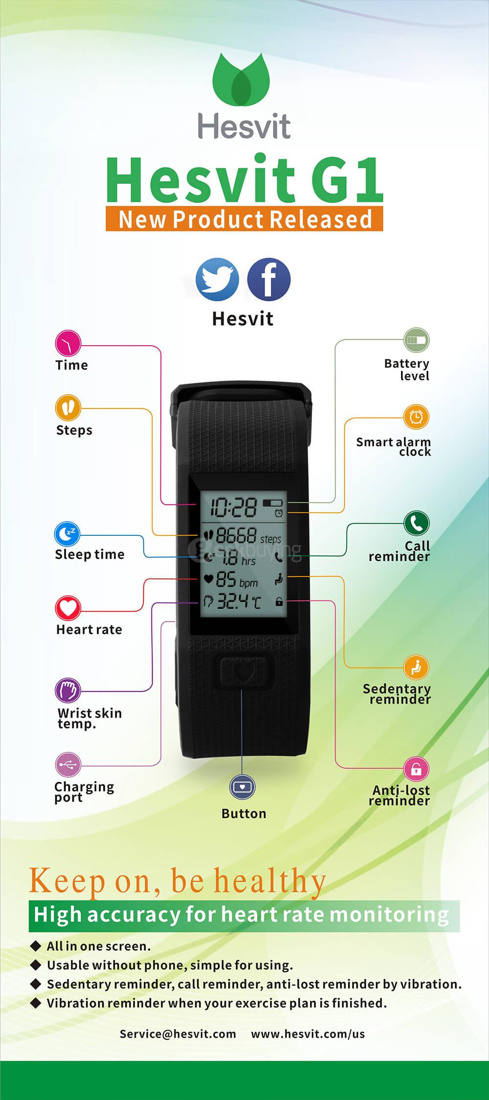 Hesvit G1 Bluetooth 4.0 Smart Bracelet Heart Rate Monitor Skin Temperature Measurement Automatic Activity Tracker for Andriod iOS - Black